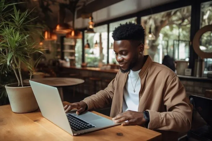 A student looking relieved at a laptop