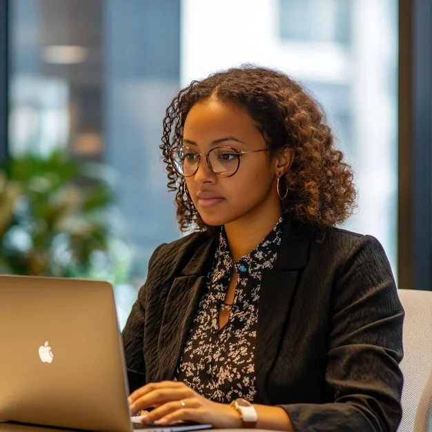 A person smiling while working on a laptop